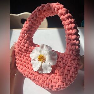 Handmade 💗 Coral Pink Crochet Flower Women's Summer Handbag Purse